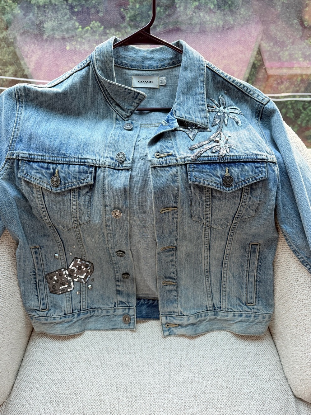 Coach Light Blue Denim Jacket with Embroidered Palms and Patch Details